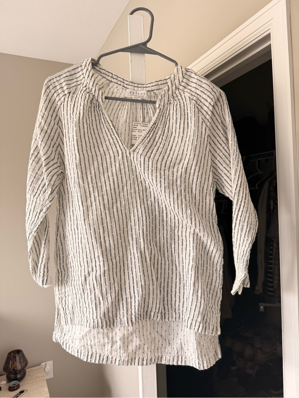 Velvet White Tunic Top with Black Stripes